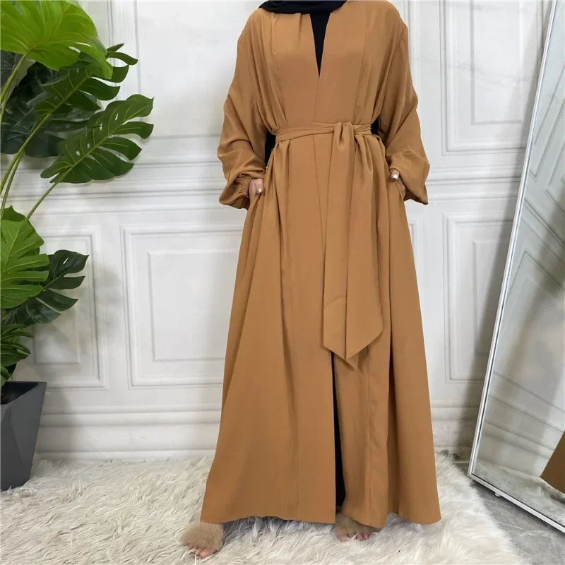 

Simple Muslim Dress Elastic Cuff Silky Elegant Pure Color Long Muslim Abayas Women Modest Wear Clothing EID Robes
