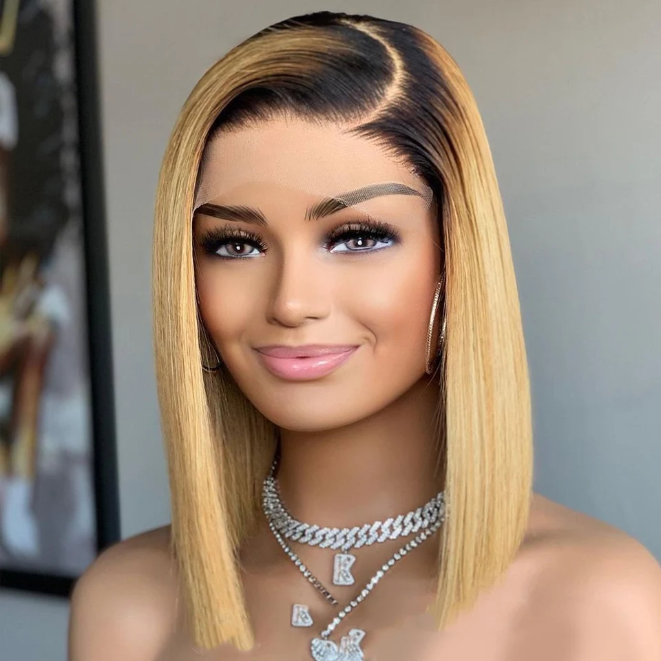 

Soft Glueless Ombre Blonde 613 Silky Straight Short Bob Preplucked BabyHair Lace Front Wig For Women 180density Natural Hairline