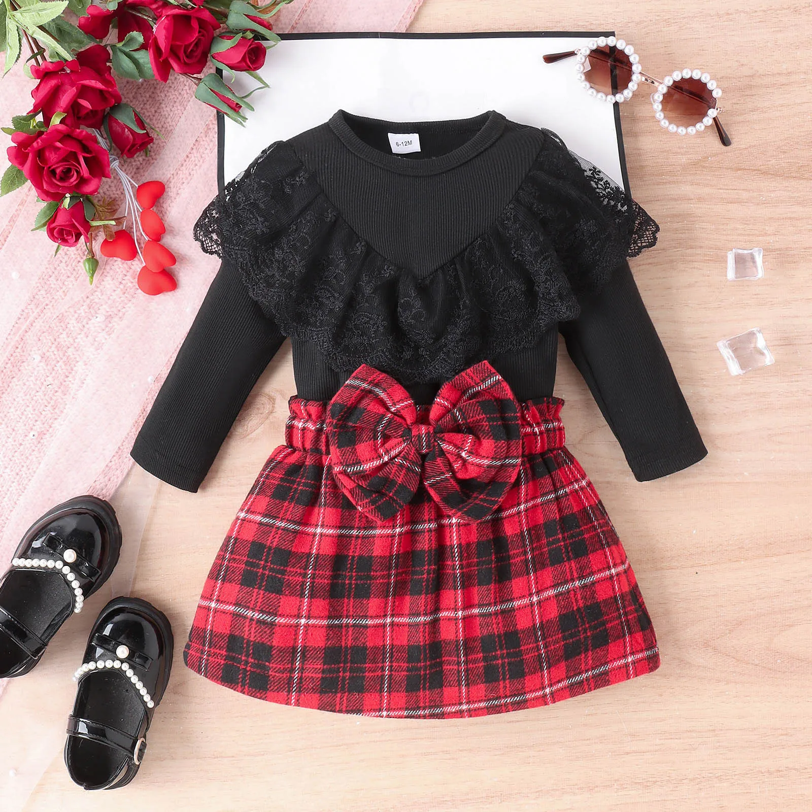 

0-5Y Kids Girls Autumn Winter Outfits Baby Girls Ruffled Ribbed Long Sleeve Tops+Plaid Skirts 2Pcs Sets Children Fashion Clothes