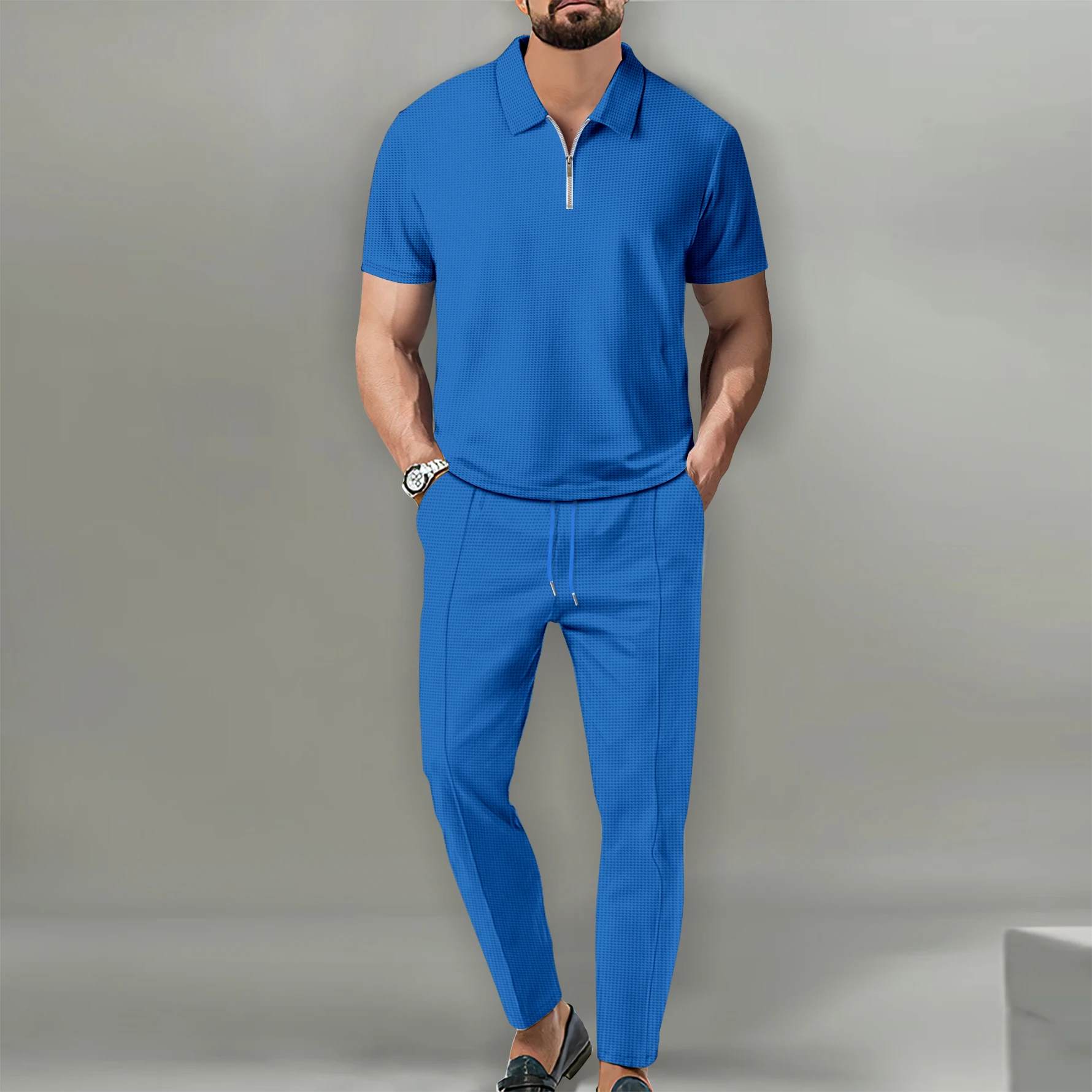 

New 2024 Men's casual short-sleeved Polo shirt + sweatpants set Solid men's lapel sweatshirt set 2PCS men's clothing