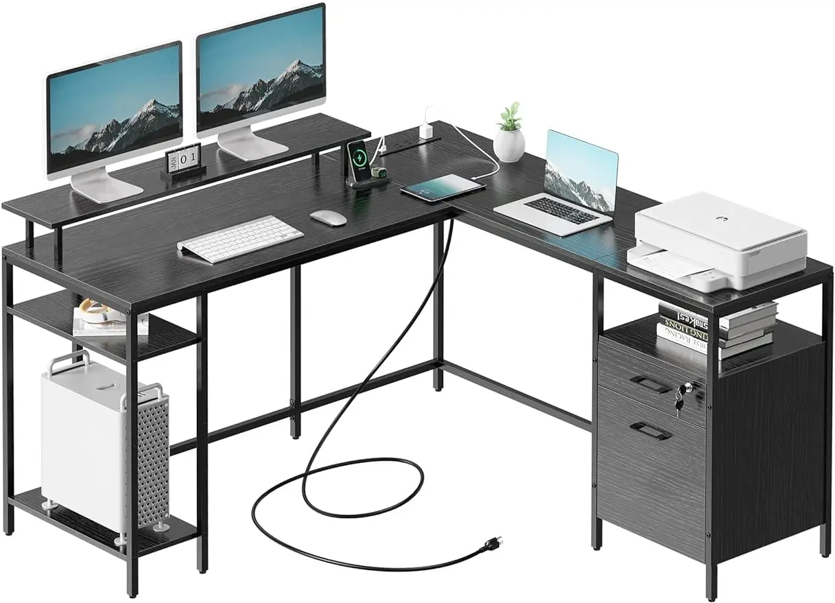 

Двусторонний компьютерный стол SUPERJARE с выходами питания и шкафом для файлов, L-образный стол с подставкой для монитора и полками для хранения, угловой