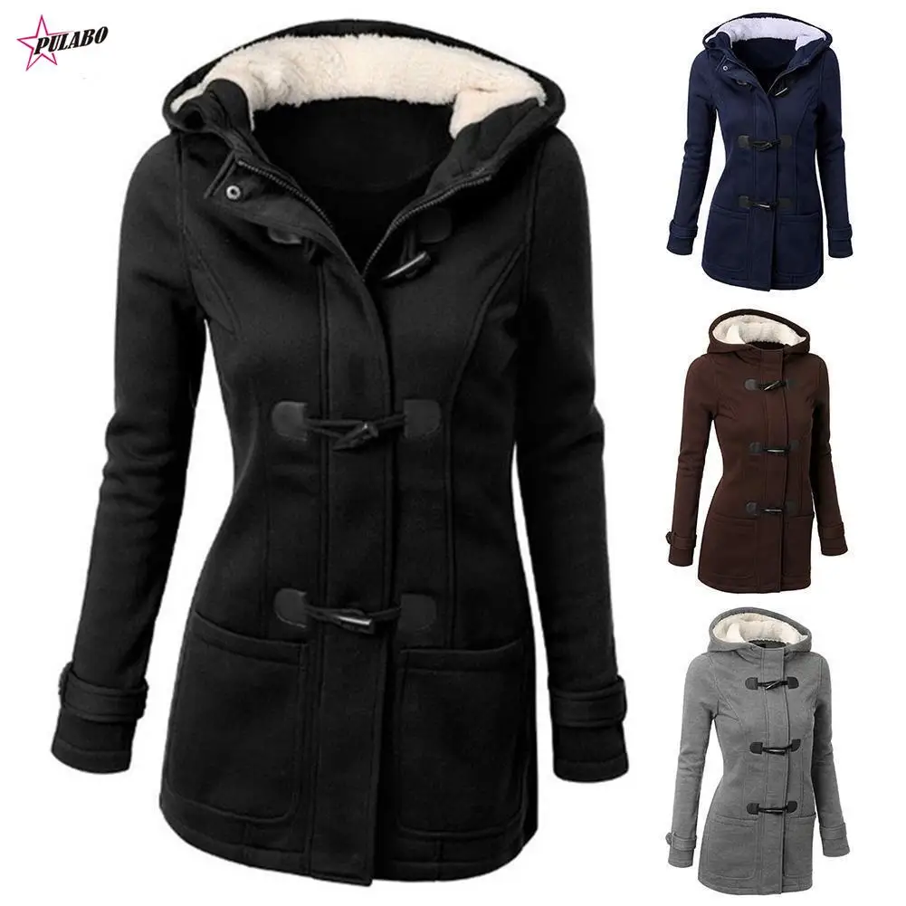

PULABO Winter Fashion Women Solid Color Horn Buckle Hooded Long Sleeve Coat Autumn and winter coat woman overcoat