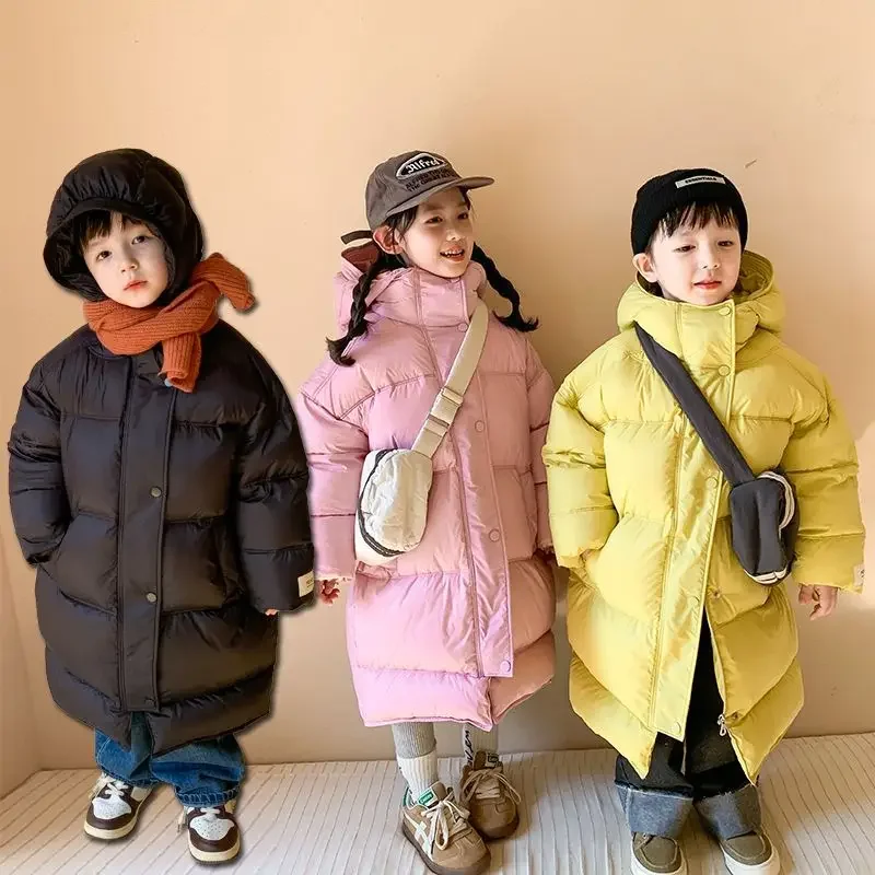 

Зимняя пуховая куртка для мальчиков и девочек, детское длинное утепленное пальто выше колена в Корейском стиле, детские теплые парки с капюшоном