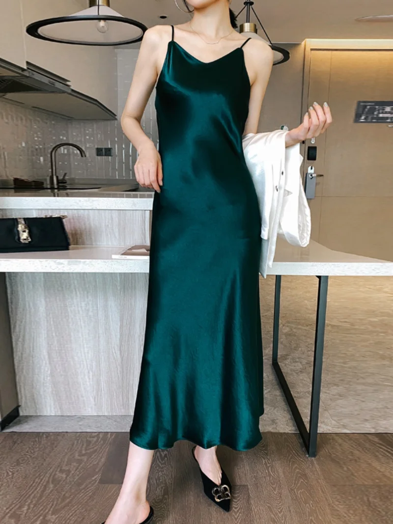 

ANAN Design Japanese Triacetic Acid Summer Style Sling V-neck Satin Silk Long Dress for Women