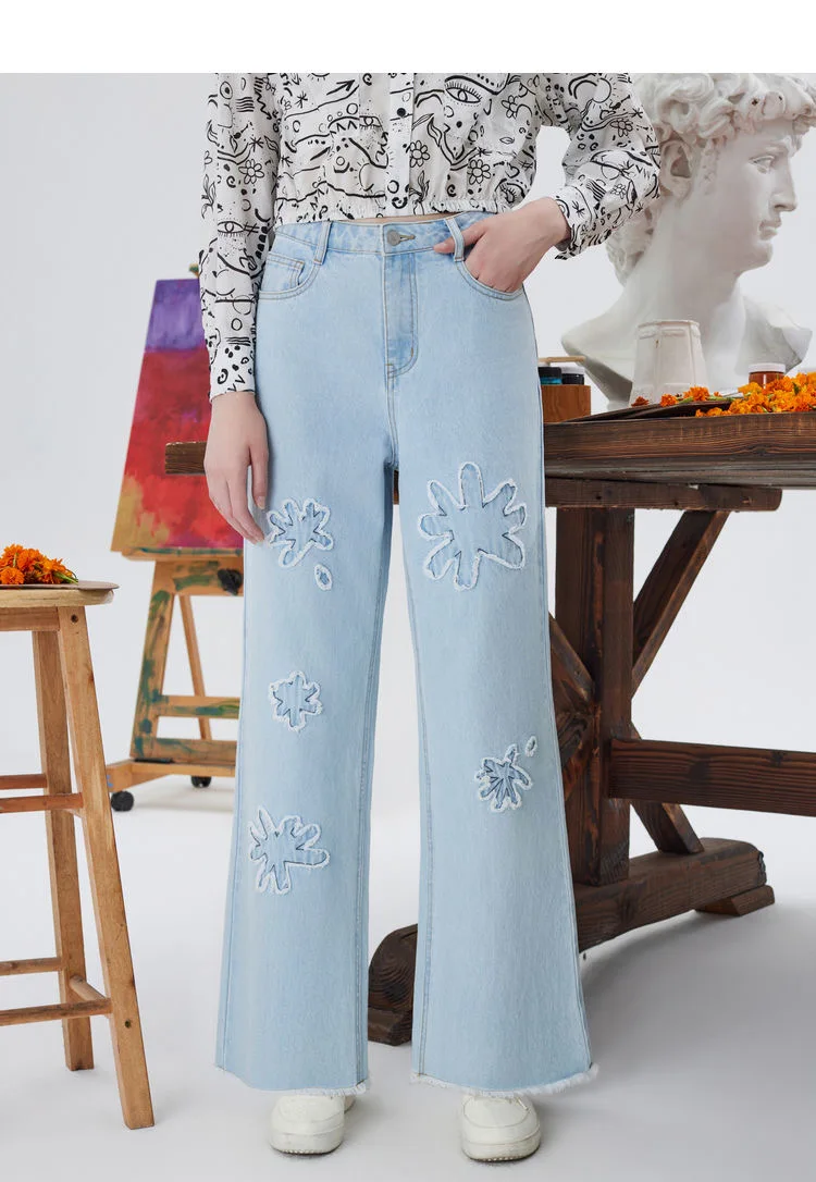 

Foreign Trade Spain Original Desigual Women's New Jeans Flower Patch Design Loose Casual Straight