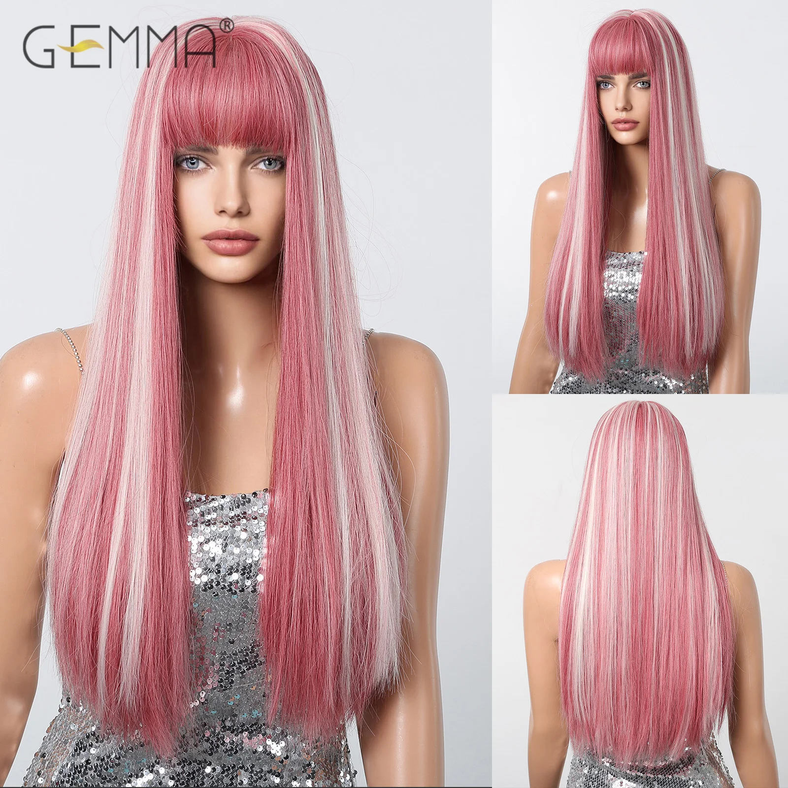 

Highlight Blonde Pink Wig with Bangs Synthetic Long Straight Cosplay Lolita Wigs for Women Heat Resistant Fibre Natural Hair