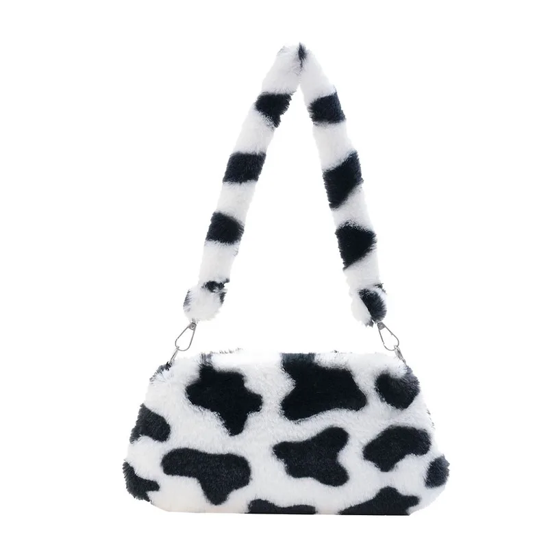 

2024 Winter Women Cow Mini Shoulder bag Print Shopper Female Handbag Plush Underarm Fluffy Tote Bags