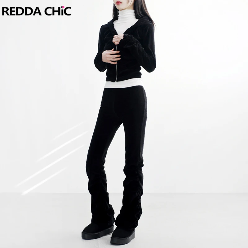 

ReddaChic Retro Y2k Women Stacked Flare Jeans Casual Plain Slim Fit Ruched Bootcut Pants High Waist Rokku Grayu Y2k Bell Bottoms