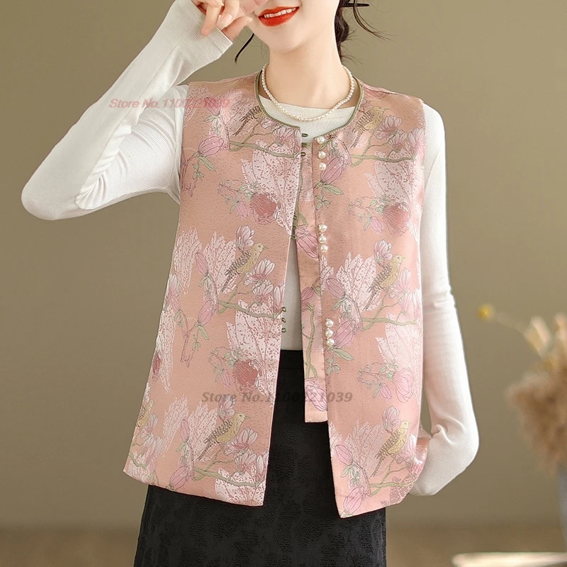 

2024 chinese vintage waistcoat traditional ethnic o-neck vest national flower print sleeveless jacket folk streetwear hanfu tops
