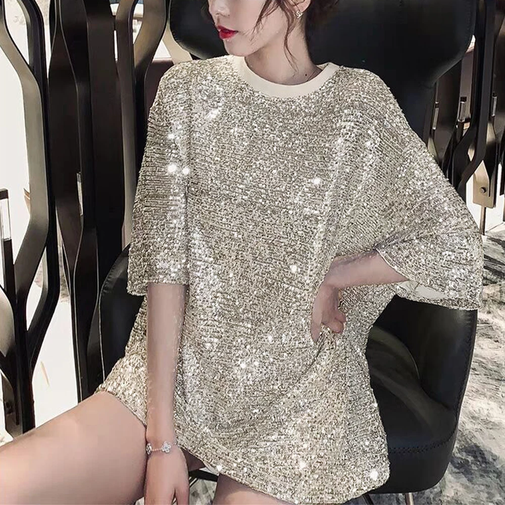 New Top Women's Shinny Sequin Half Sleeve Long Style T-shirt Loose Casual Solid Color Dress Tees T Shirts Woman Female Clothing
New Top Women's Shinny Sequin Half Sleeve Long Style T-shirt Loose Casual Solid Color Dress Tees T Shirts Woman Female Clothing