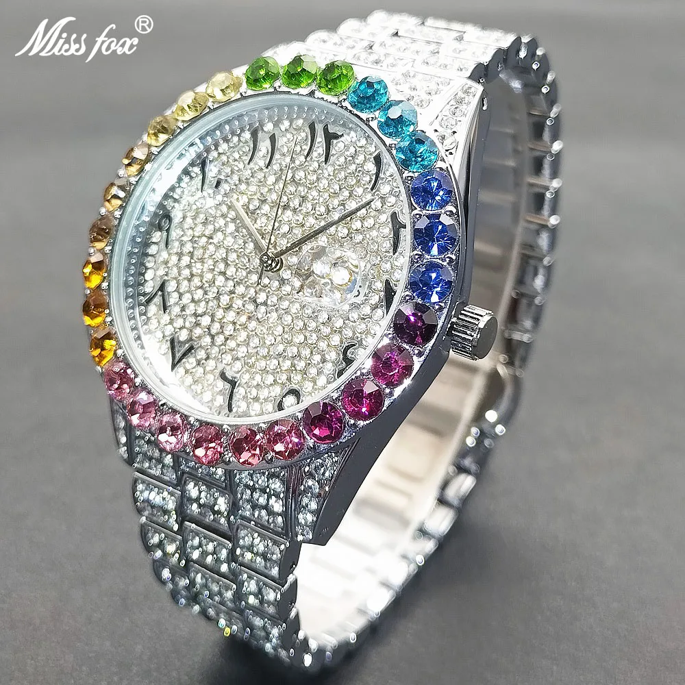 MISSFOX Watch For Men Iced Out Luxury Stainless Steel Waterproof Male Quartz Wrist Watches Fashion Auto Date Diamond Men's Clock |