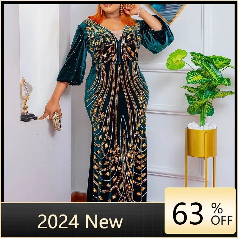 

Velvet Maxi Dress African Clothes For Women Letter Robe Africa Clothing Sequins O Neck Short Sleeve African Dresses Plus Size 2X