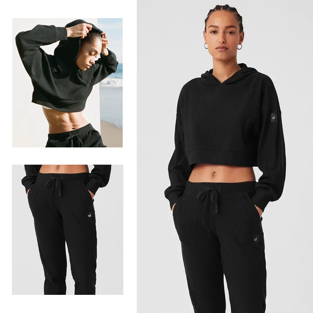 

AL Yoga Set MUSE HOODIE SWEATPANT Short Side Split Top Sweat Shirt Loose Women's Hooded Yoga Ribbed Gym Workout Suit for Women