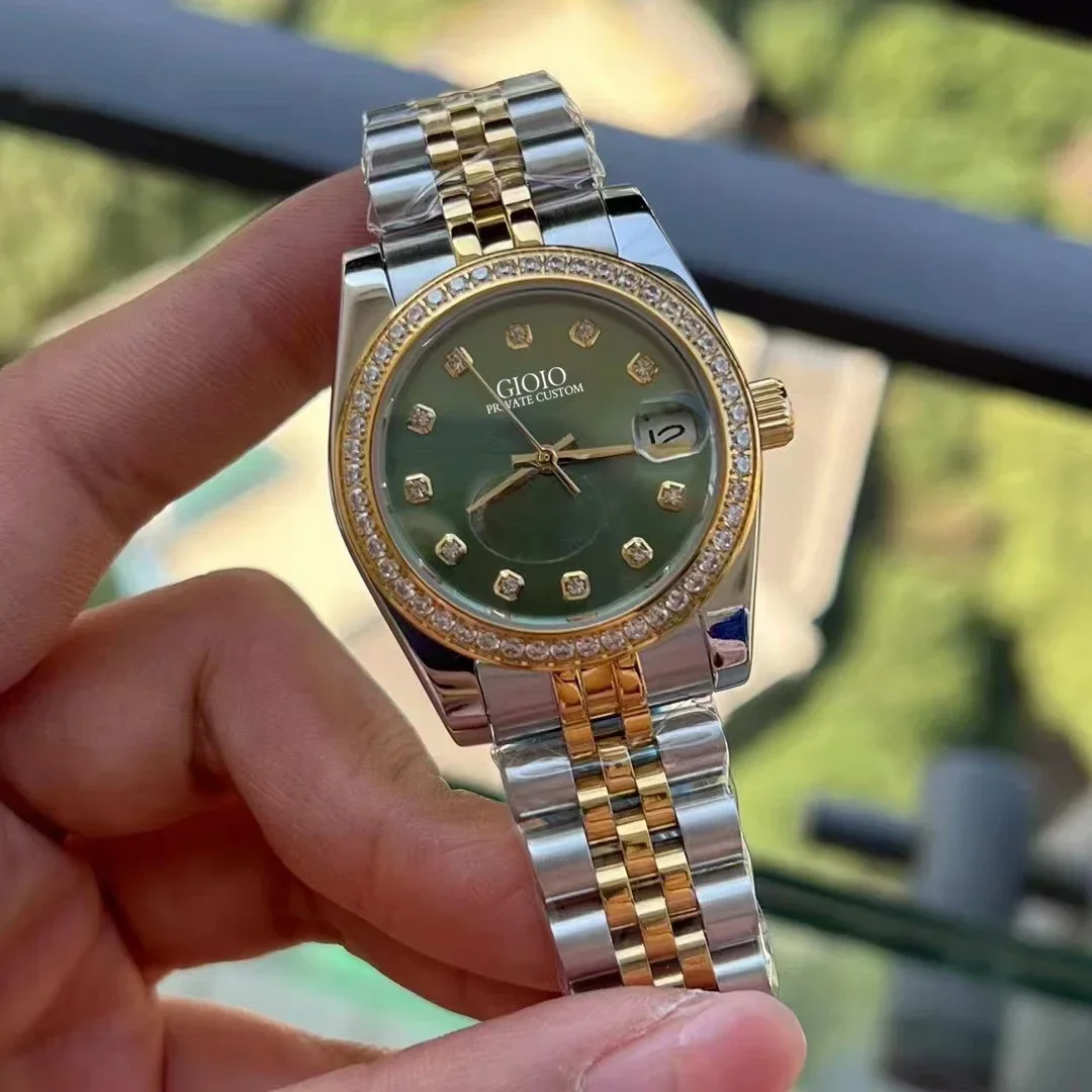 Luxury Womens Automatic Mechanical Watch Stainless Steel Calendar Silver Gold Black Green Rome Dial Diamonds Bezel 31mm
Luxury Womens Automatic Mechanical Watch Stainless Steel Calendar Silver Gold Black Green Rome Dial Diamonds Bezel 31mm