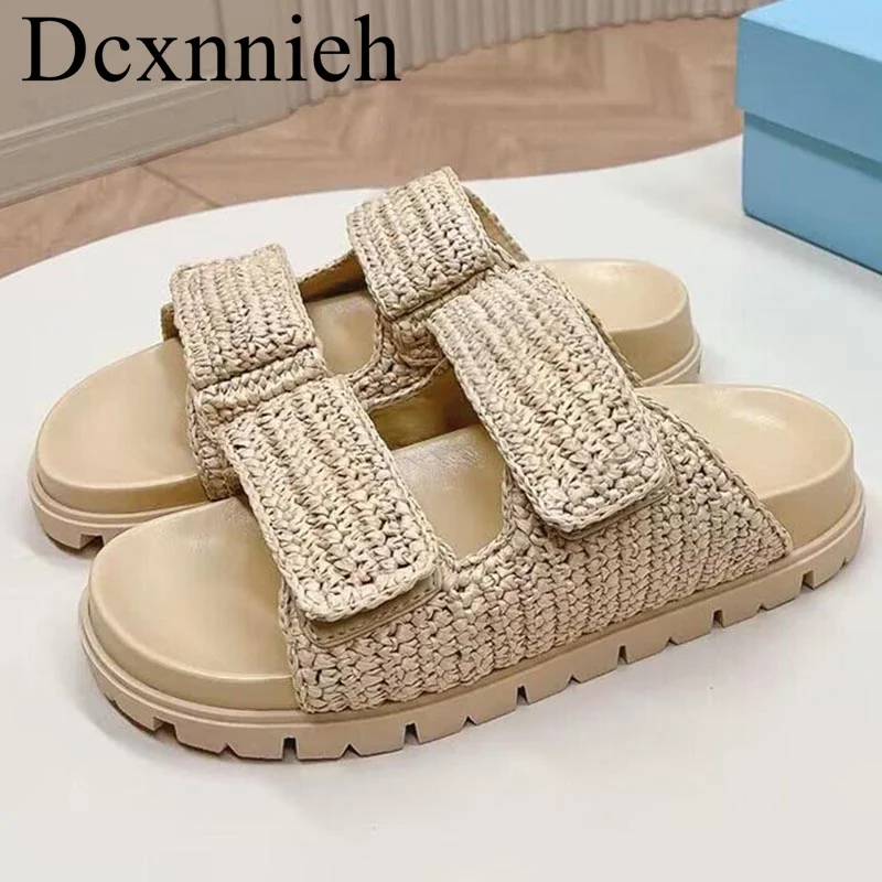 

New thick soled round toe open toe slippers women's grass woven hollow sandals women's summer outdoor holidays beach shoes 2024