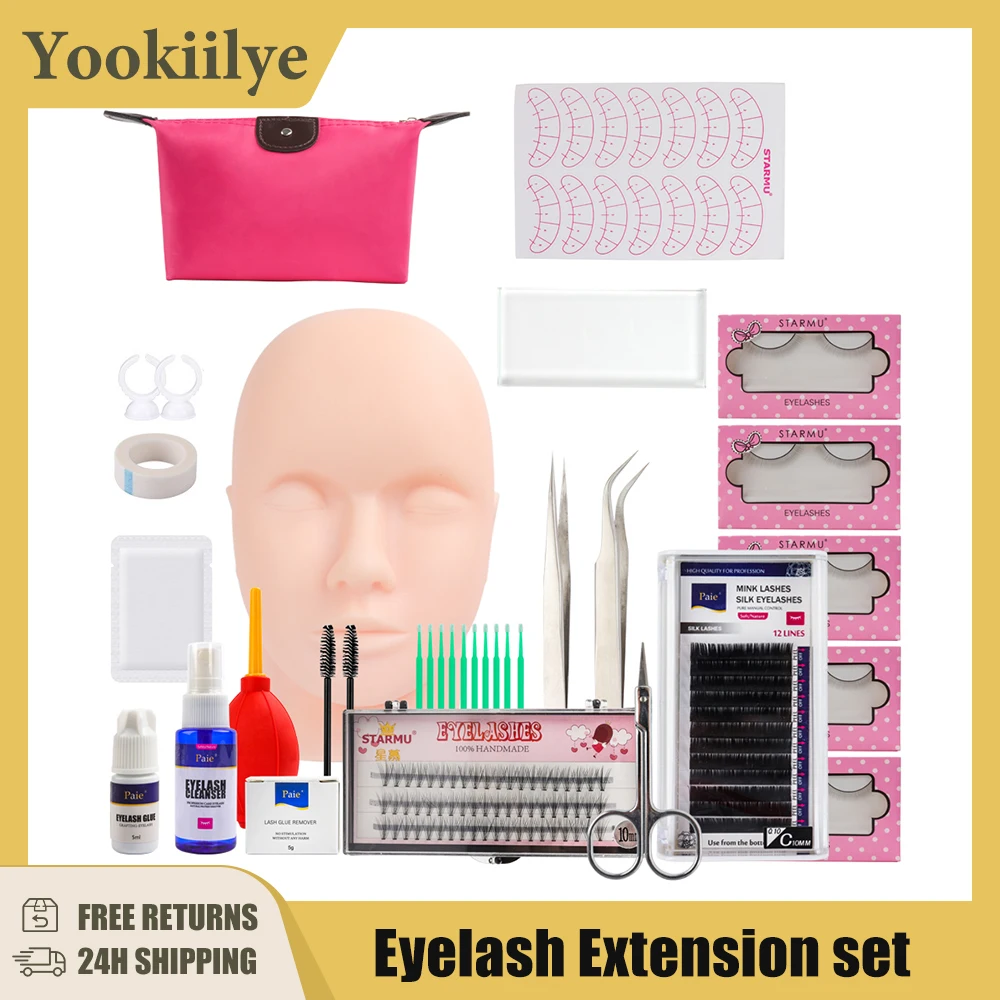 

False Eyelash Extension Training Kit Practice Model Head Eye Pads Tweezers Glue Ring Brush Grafting Eyelash Tools Kit