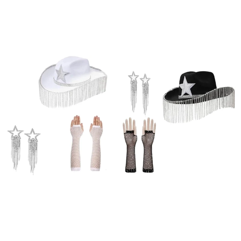 Rhinestones Fringed Cowboy Hat ArmSleeves Earrings Women Party Costume Headdress
Rhinestones Fringed Cowboy Hat ArmSleeves Earrings Women Party Costume Headdress