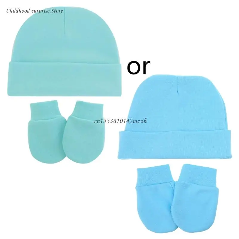 

2 шт., детские перчатки против царапин для детей 0-3 месяцев, комплект шляп, мягкие вязаные хлопковые удобные варежки без милая