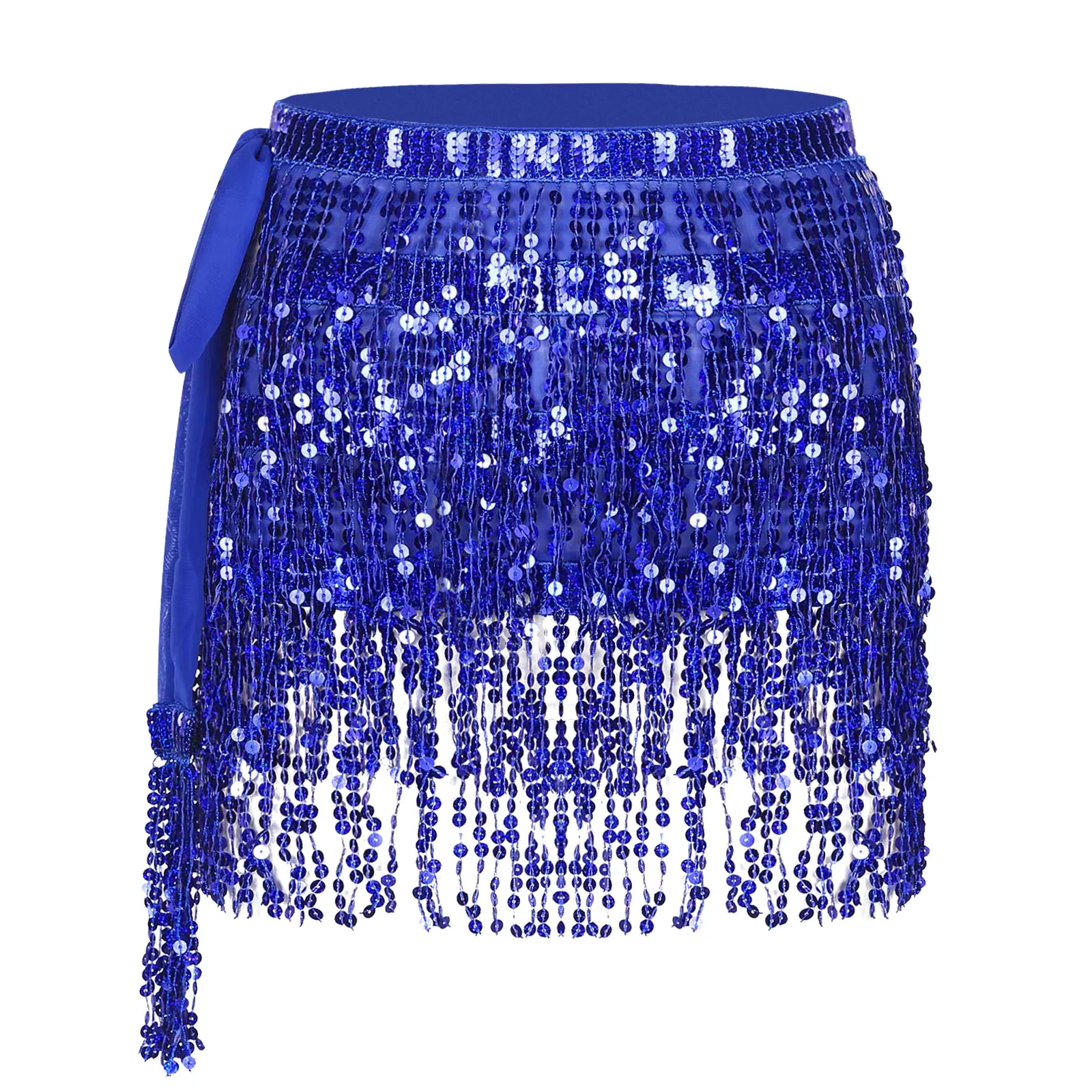 

Women Belly Dance Skirts Fringe Dancing Performance Costume Glittery Sequins Wrap Skirt Lace-up Tassel Miniskirt Belly Dancewear