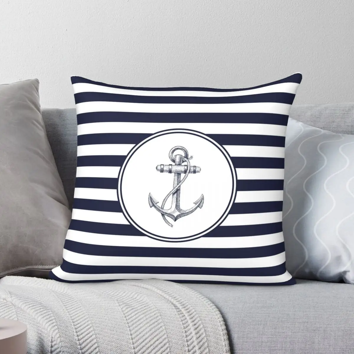 

Anchor And Navy Blue Stripes Pillowcase Polyester Linen Velvet Printed Zip Decor Pillow Case Car Cushion Cover
