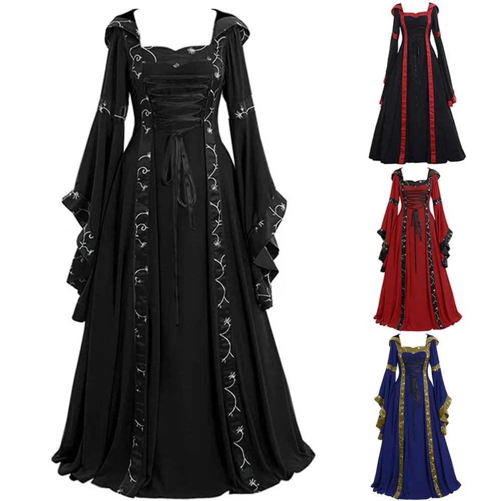 

Halloween Women European Medieval Court Fancy Vampire Cosplay Costume Carnival Vintage Strapless Long Sleeve Queen Elegant Dress