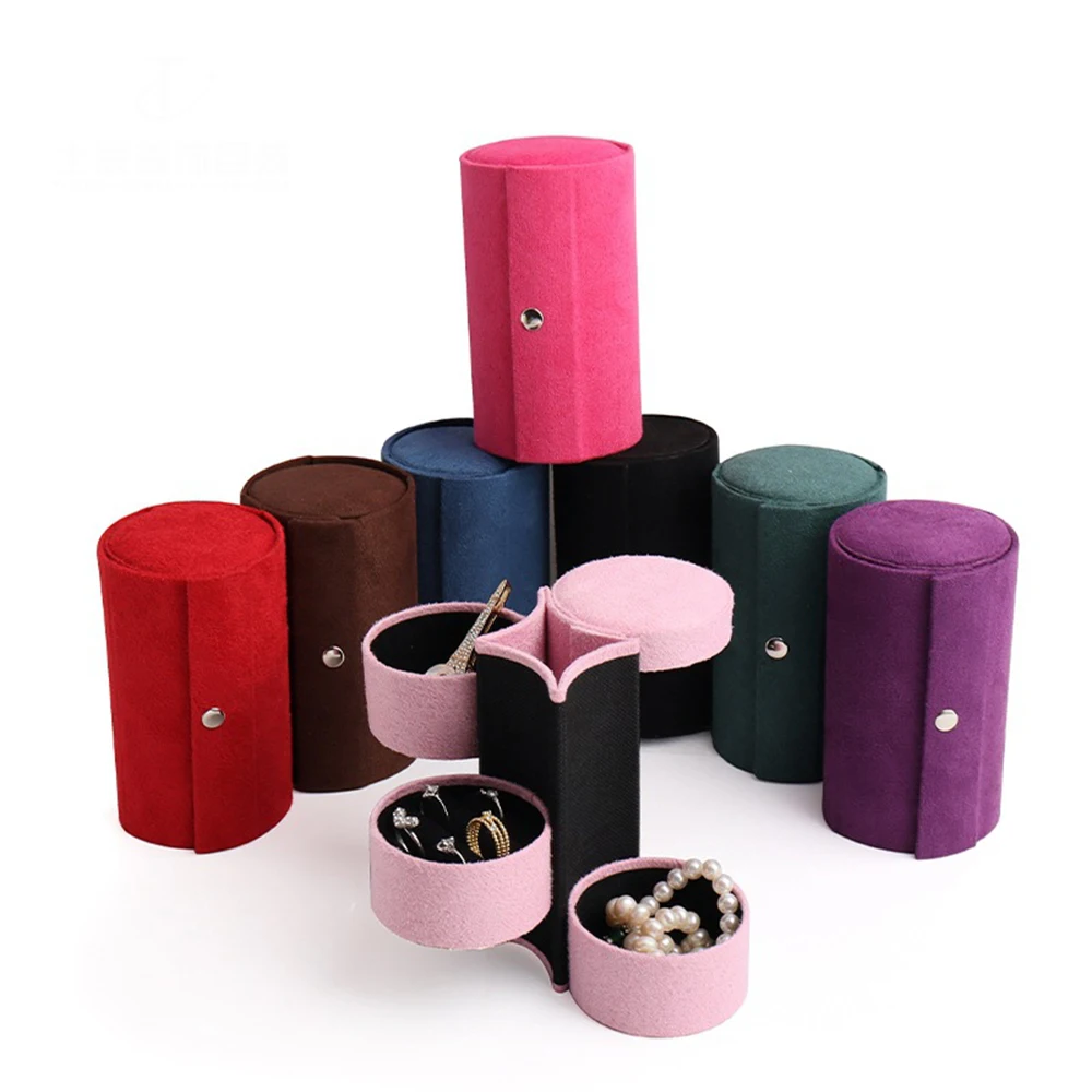

Creative Rotating Three-Layer Storage Box Flannelette Cylinder Necklace Earrings Ring Organizers Portable Jewellery Bins