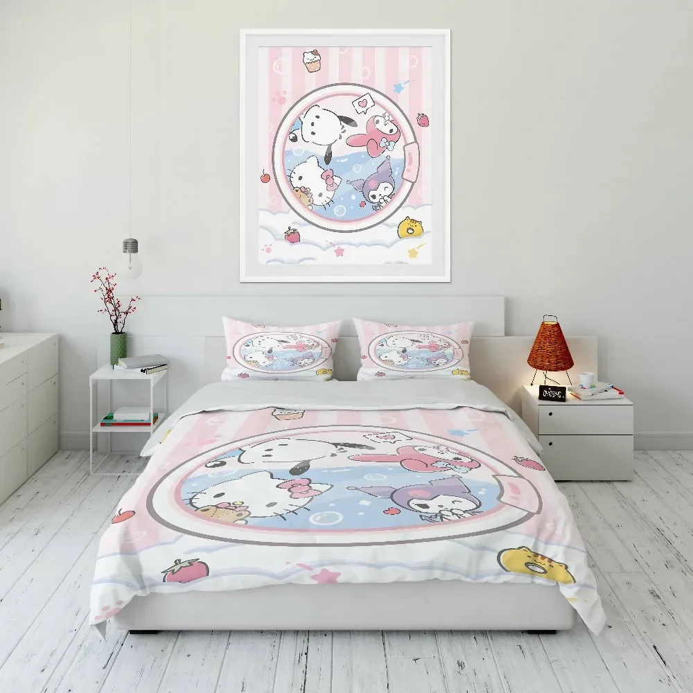 

Kawaii Sanrio Character Friends Printed Bedding Set Duvet Cover Anime Quilt Adult Kids Birthday Gift Full Size Queen Bedding Set