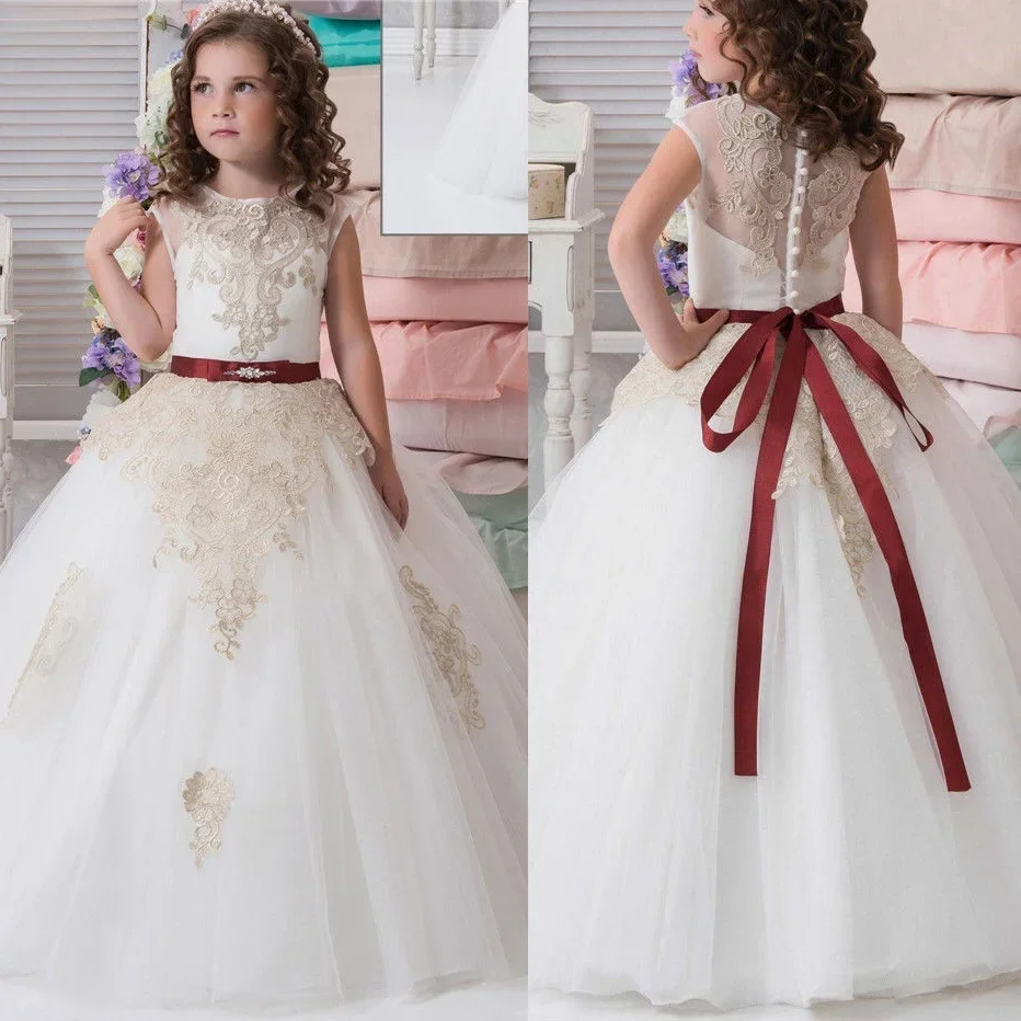 

Formal Champagne Lace TUTU Kids Red Sash Tulle Ball Gown First Communion Flower Girl Dresses For Wedding Princess Evening Party