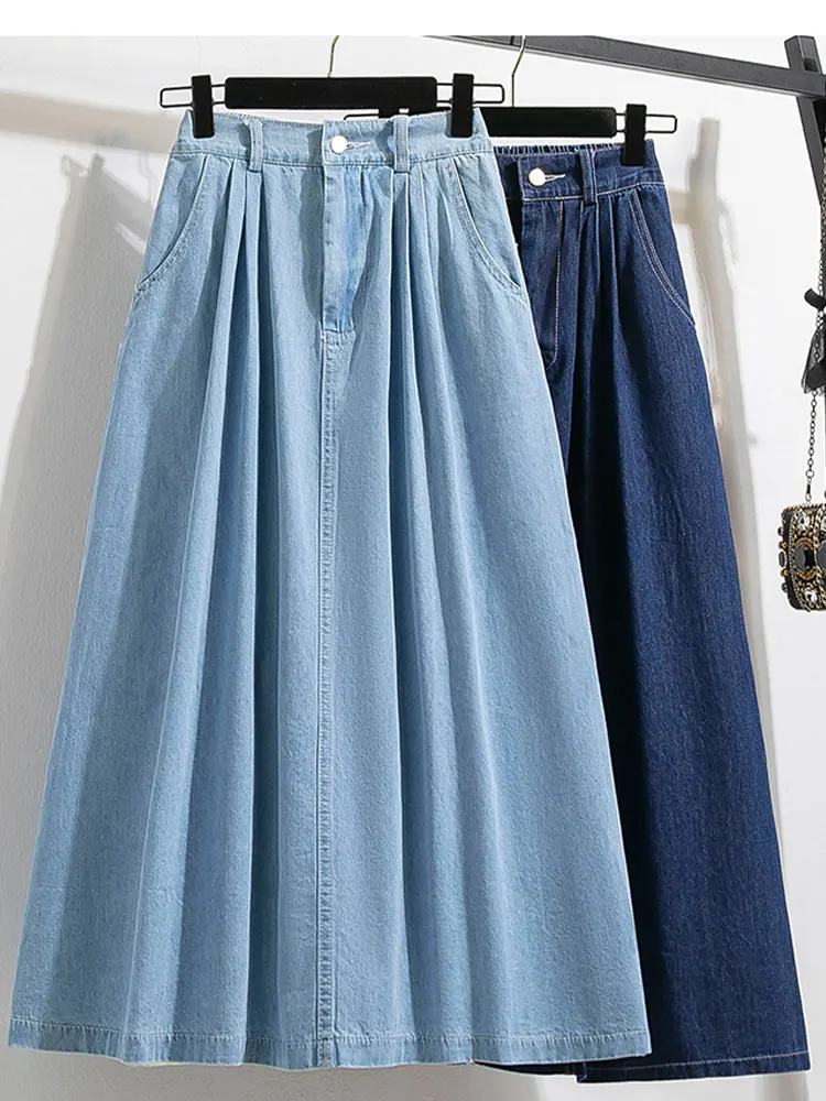 

Женская джинсовая юбка средней длины, голубая или небесно-голубая трапециевидная юбка с высокой эластичной талией в Корейском стиле, осень 2023