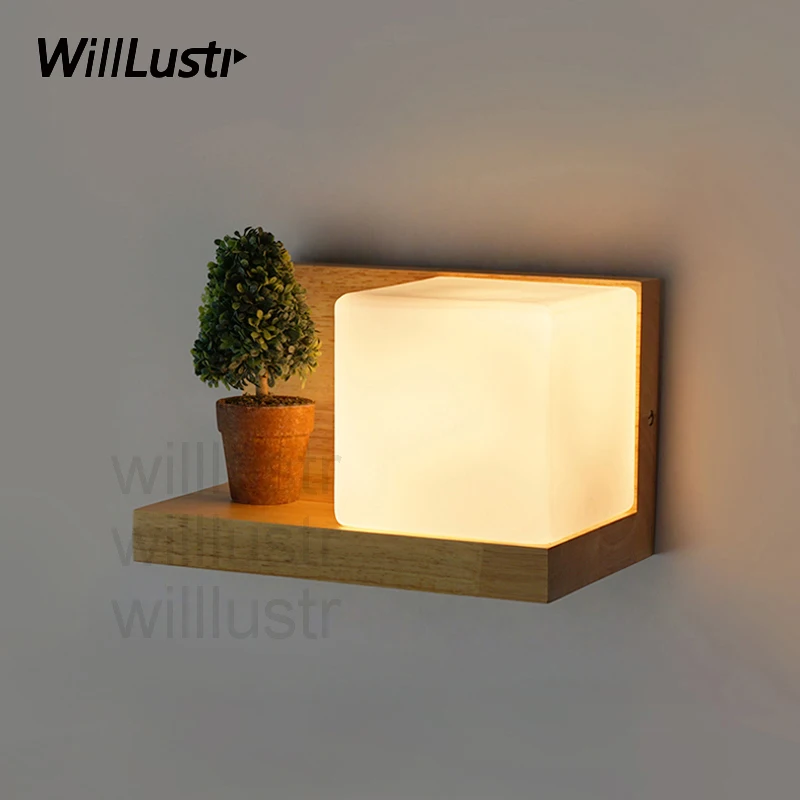

Willlustr Cubi Wall sconce glass Lamp wood shelf cubic Modern light hotel restaurant doorway porch vanity lighting novelty
