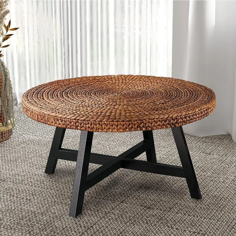 

RANDEFURN Round Coffee Table, Seagrass Coffee Tables,Pine Wood X Base Frame Cocktail Table, Easy Assembled, Multiple Sizes