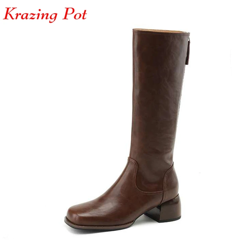 

Krazing Pot New Cow Leather Square Toe Winter Warm Riding Western Boots Med Heels Concise Design British School Thigh High Boots