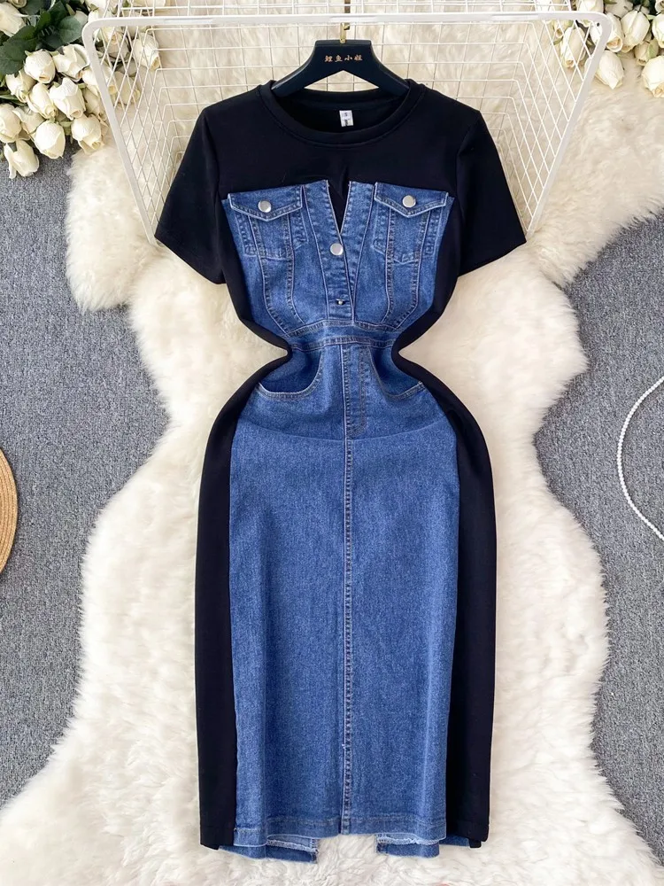 

Lusumily Summer New Spliced Long Denim Dress Women's High-end Waist Fake Two-piece Long Skirt Lady Casual Holiday Jean Dress