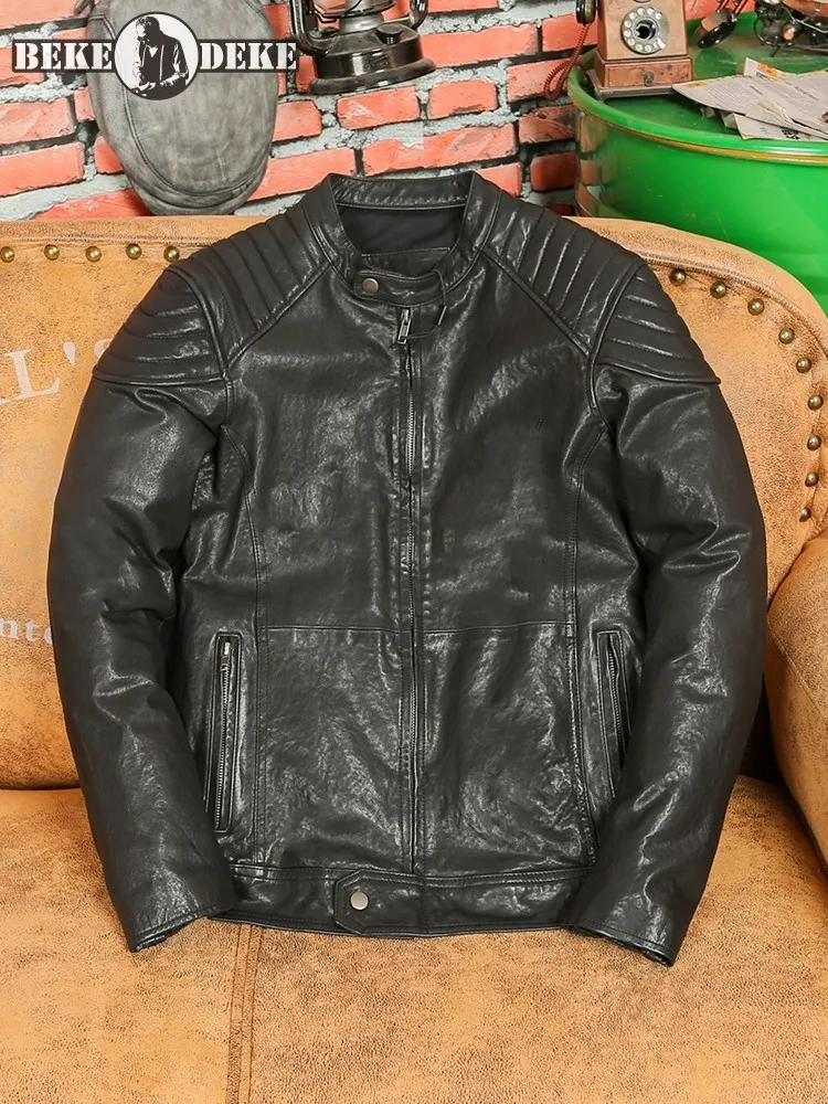 

Куртка мужская мотоциклетная с воротником-стойкой, приталенный силуэт, короткий жакет из натуральной кожи, винтажная верхняя одежда на молнии из овчины, в стиле панк, весна-осень
