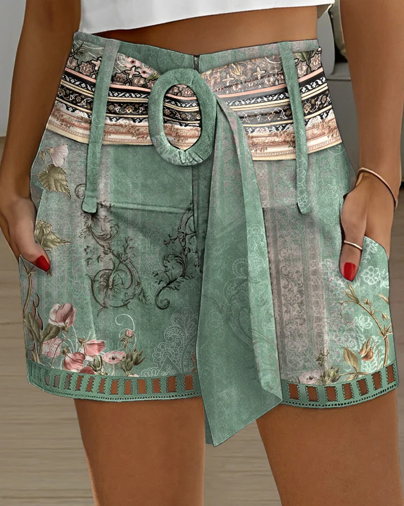 

Floral Tribal Print Hollow Out Belted Shorts Women Summer Spring High Waist Shorts Pants