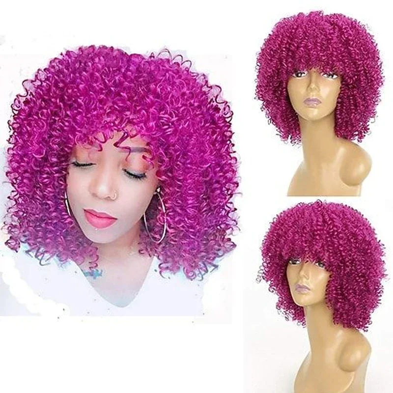 

Rose Red Short Curly Wigs for Black Women Afro Kinky Curly Wig Synthetic Bouncy Curly Bob Curly Wigs with Bangs Heat Resistant