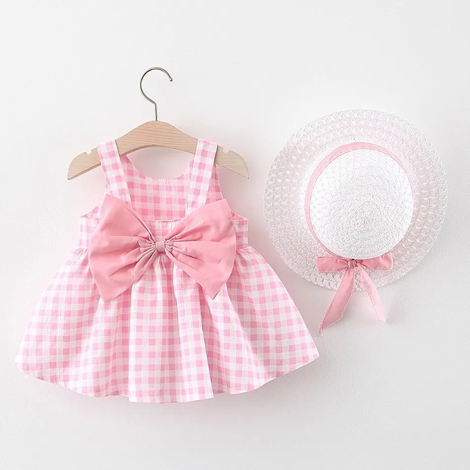 

2024 Baby Girls Dress Summer Sleeveless Backless Casual Clothes with Hat Kids Floral Plaid Bow Princess Birthday Party Sundress