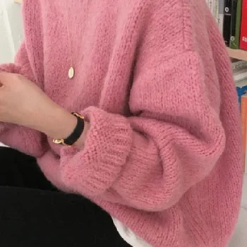 10 색 핑크 여성 스웨터 여성 겨울 스웨터 풀오버 여성 뜨개질 Overszie 긴 소매 느슨한 니트 겉옷 화이트