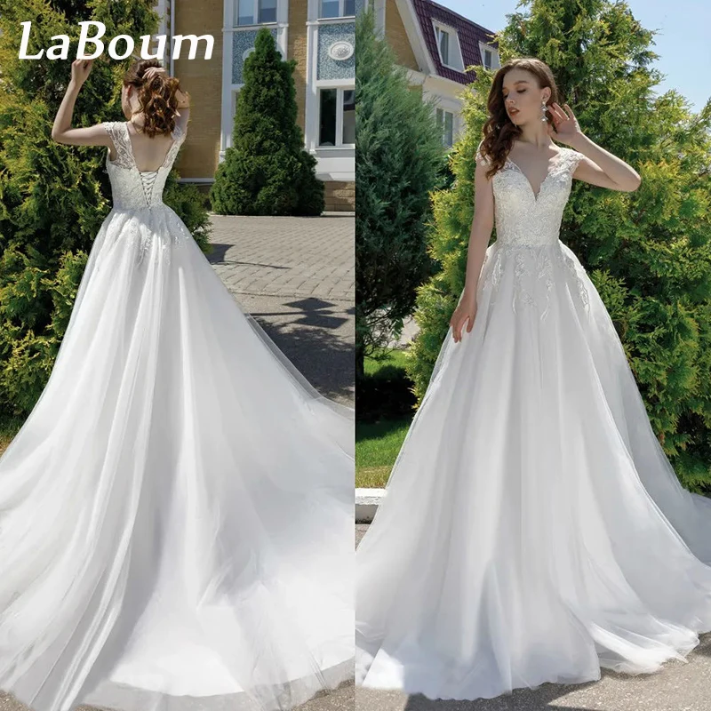 

LaBoum Simple V-Neck Wedding Dresses For Women Applique Lace Tulle Bridal Gowns A-line Sweep Train Robe Mariage Vestido de Novia