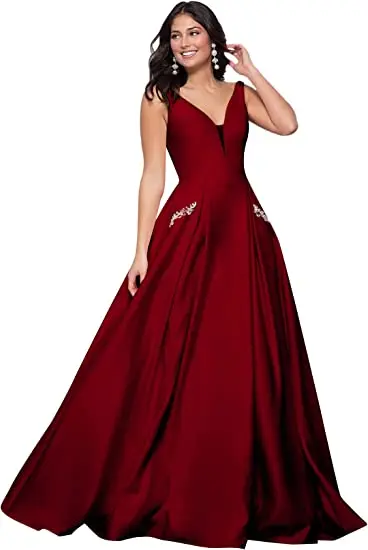 Women's Satin V-Neck Prom Dresses Long with Pockets Blush Pink Ball Gown Ruched Formal Evening Gowns
Women's Satin V-Neck Prom Dresses Long with Pockets Blush Pink Ball Gown Ruched Formal Evening Gowns