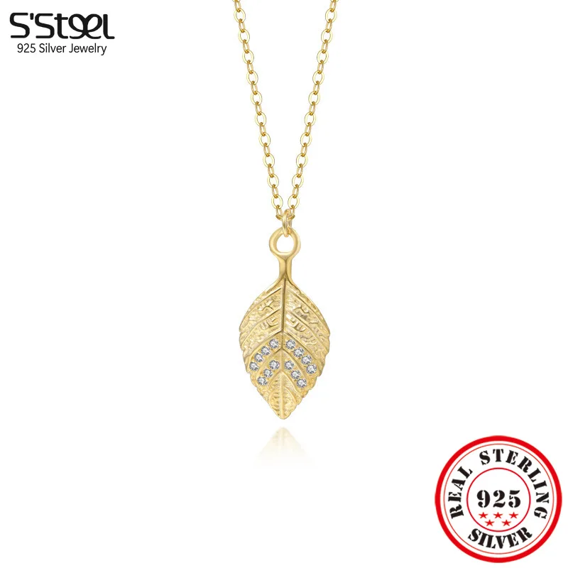 

S'STEEL 925 Silver Original Luxury Zircon Leaf Pendant Necklaces For Women Girls Dainty Matching Engagement Acessorios Jewelry