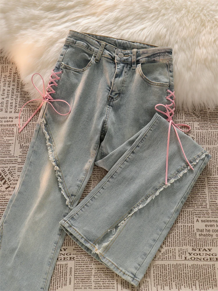 

Spicy Girl Bow Split Micro Horn Pants 2024 New Girl Designer High Waist Slim Fit Jeans Fashion High Street Ragged Edge Trousers