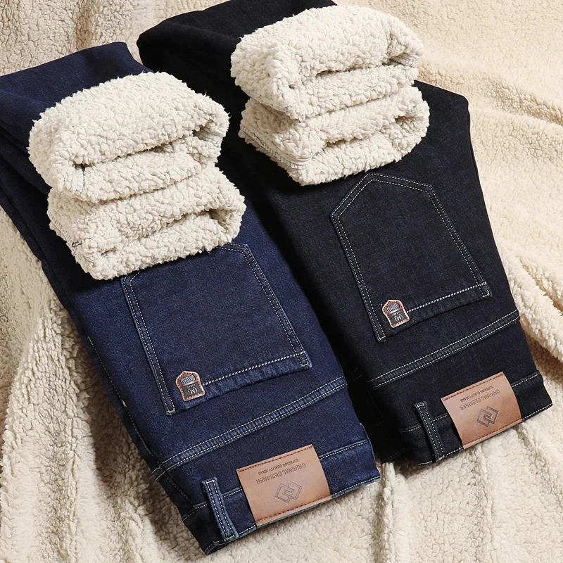 

Зима 2024, мужские прямые теплые джинсы с флисовой подкладкой, классический стиль, деловые модные утепленные джинсовые брюки, мужские черные, синие брюки
