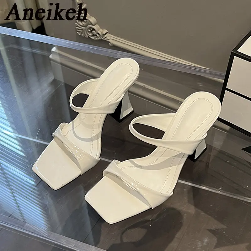 

Женские сандалии Aneikeh из искусственной кожи с квадратным носком и открытым носком, Простые сандалии на высоком каблуке, 2024, уличные шлепанцы в странном стиле, мюли, обувь 35-40
