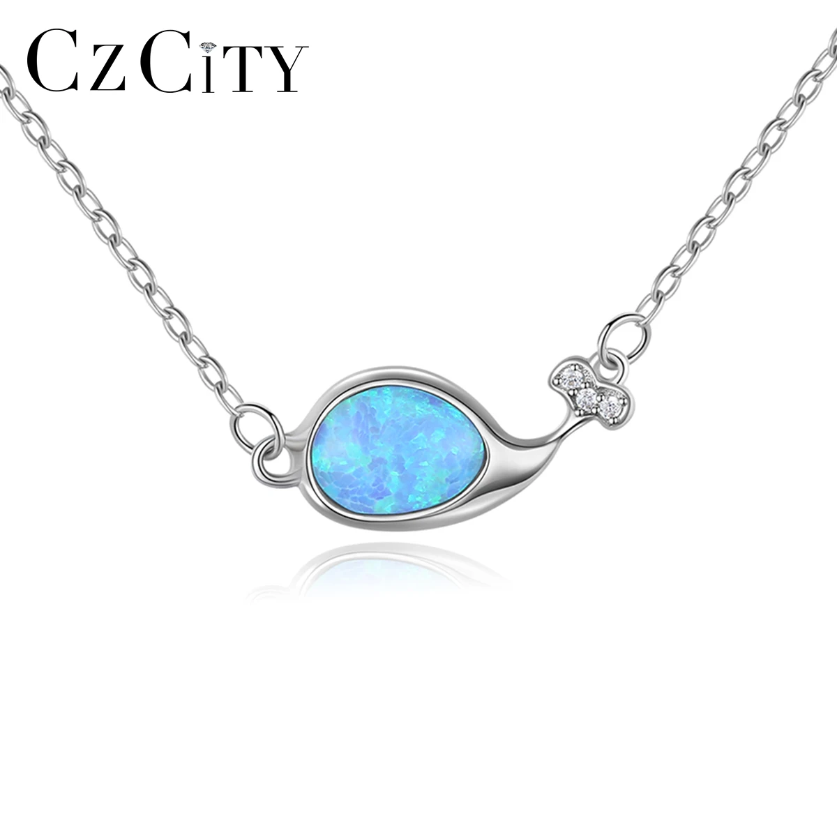 

CZCITY Round Ball Fire Opal Birthstone Dolphin Pendant Necklaces for Women Fine Jewelry 925 Sterling Silver CZ Animal Kolye Gift