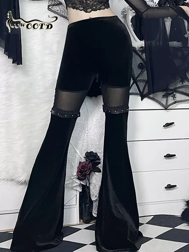 

WOWOOTD E Girl Leg Belted Flared Pants Y2K Velvet Pants Gothic See Through Winter Mesh Patchwork Grunge Streetwear Vintage Black