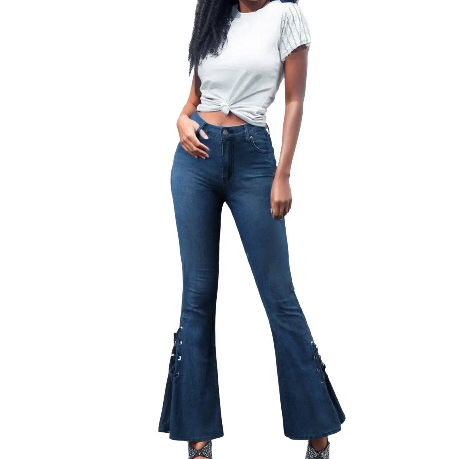 

Women's Y2K Fashion Hem Side Bow Tie Jeans Versatile High Waist Button Denim Pants With Pockets Skinny Stretch Flared Trouser