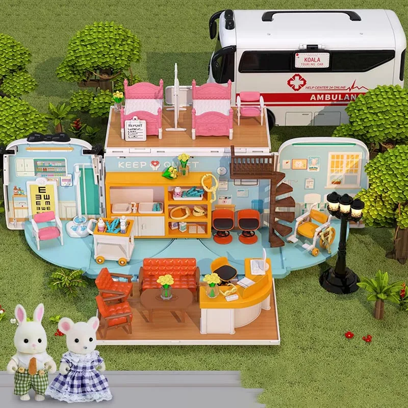 

Koala Bus Doll House Play Set Cute Dollhouse Hospital Scene Accessories Diy Ambulance Miniature Pretend Play Toys for Girls