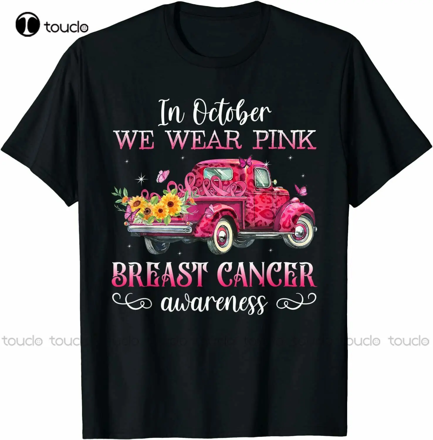 

In October We Wear Pink Ribbon Leopard Truck Breast Cancer T-Shirt Black Shirts For Women Custom Aldult Teen Unisex Xs-5Xl