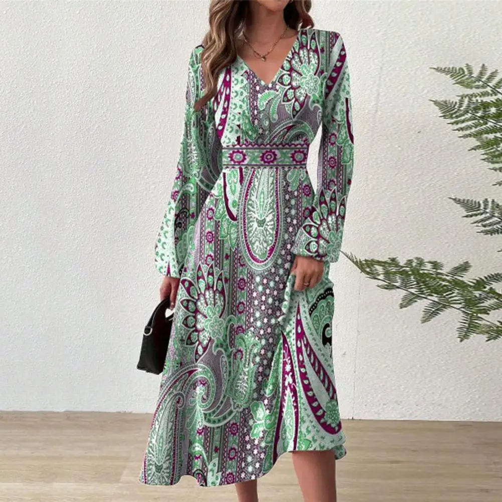 Women Dress Retro Ethnic Style Print High Tight Waist V Neck Long Sleeve A-line Long Lantern Sleeve Big Swing Knee Length Lady M 
Women Dress Retro Ethnic Style Print High Tight Waist V Neck Long Sleeve A-line Long Lantern Sleeve Big Swing Knee Length Lady M